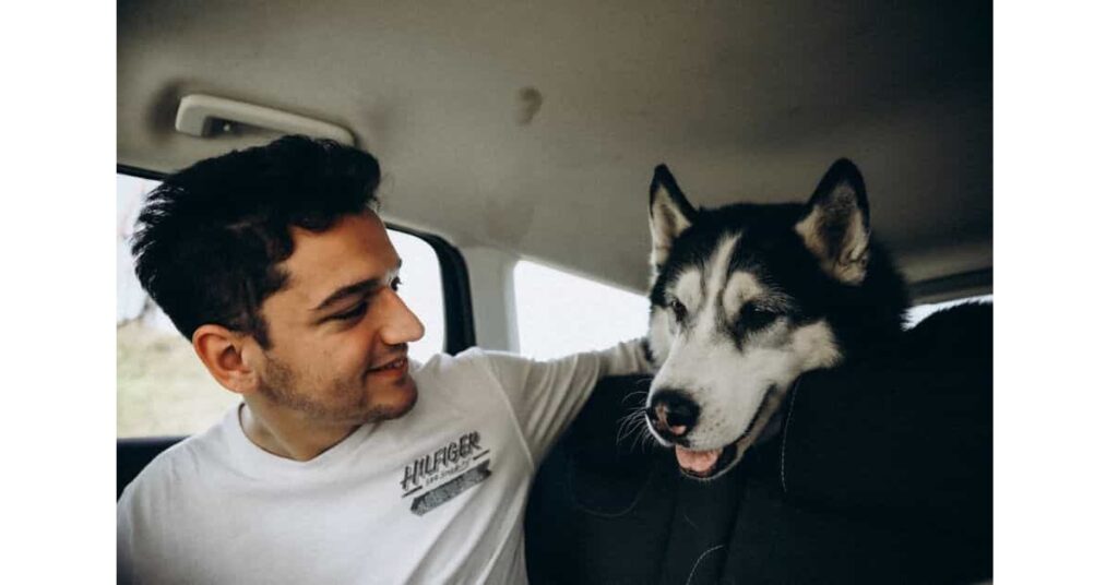A man with husky dog in car.